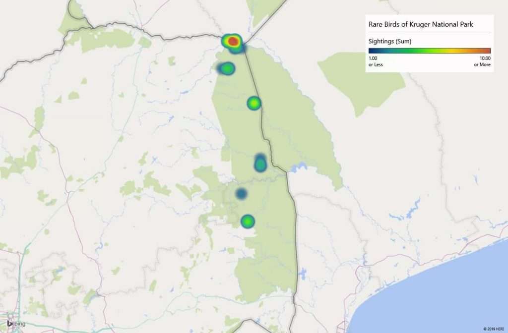 Heatmap of where the African Golden Oriole has been spotted in the Kruger National Park
