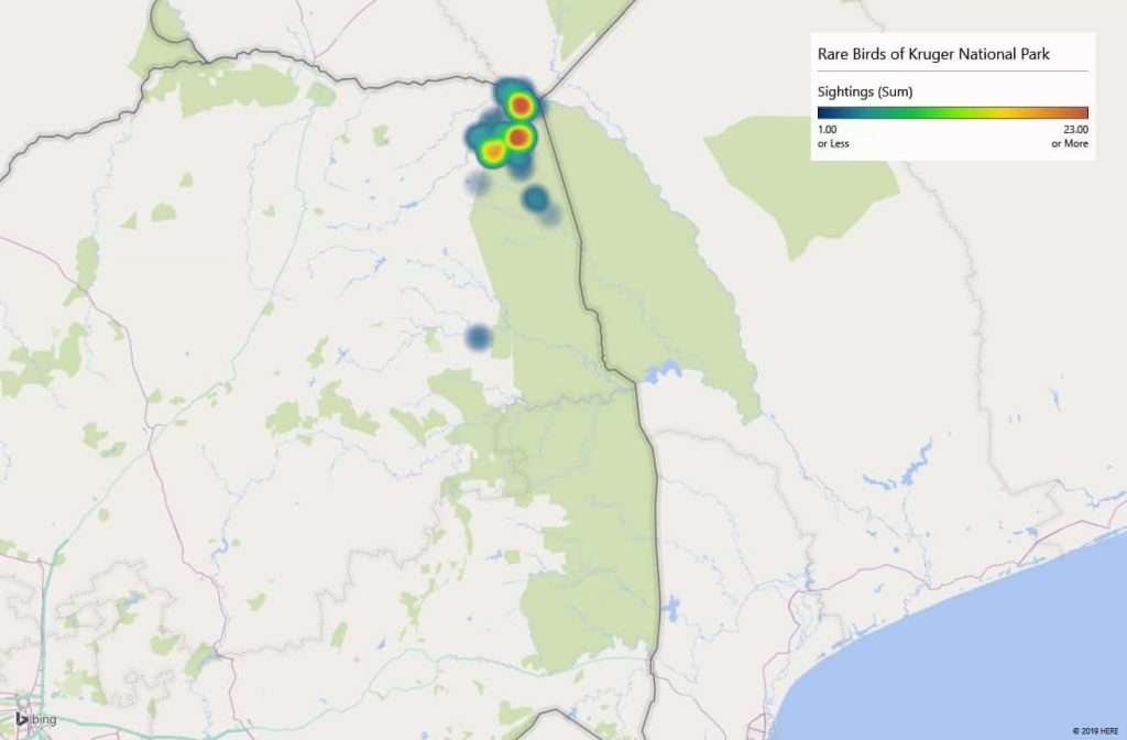 Heatmap of where the Dickinson's Kestrel birds have been spotted in the Kruger National Park