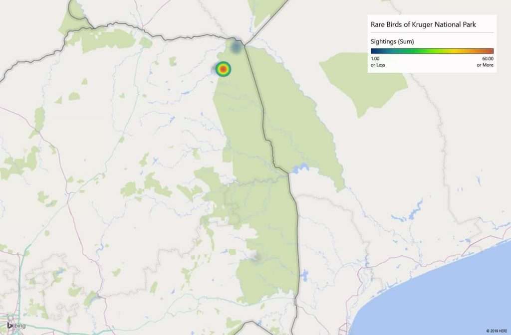 Heatmap of where the Orange winged pytilia have been spotted in the Kruger National Park