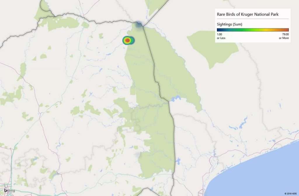 Heatmap of where the Pennant winged nightjar have been spotted in the Kruger National Park