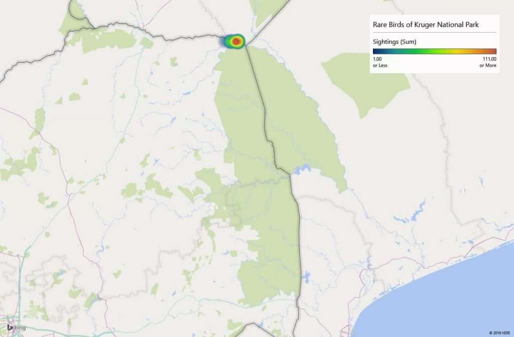 Heatmap of where the Racket tailed roller birds have been spotted in the Kruger National Park